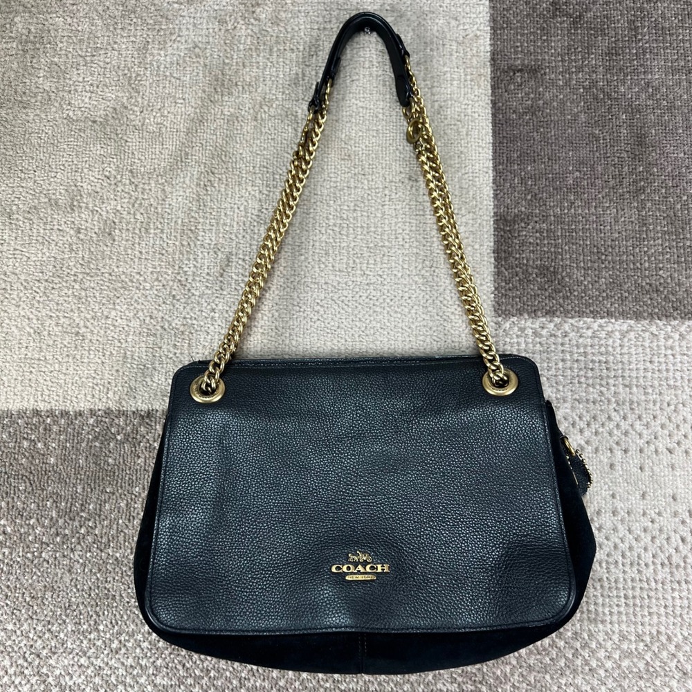 Coach Bryant 79261 Black Pebbled Leather Shoulder Bag Gold Chain Carryall